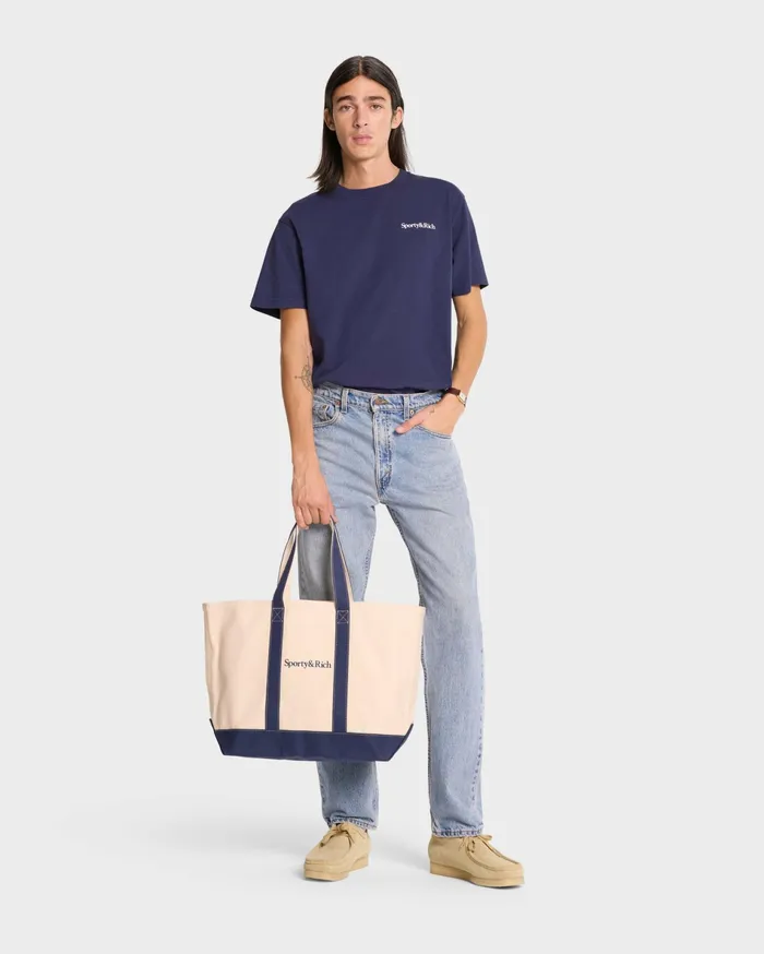 Sporty and Rich Tote Bags Women Serif Logo Tote Bag 8211 NaturalNavy