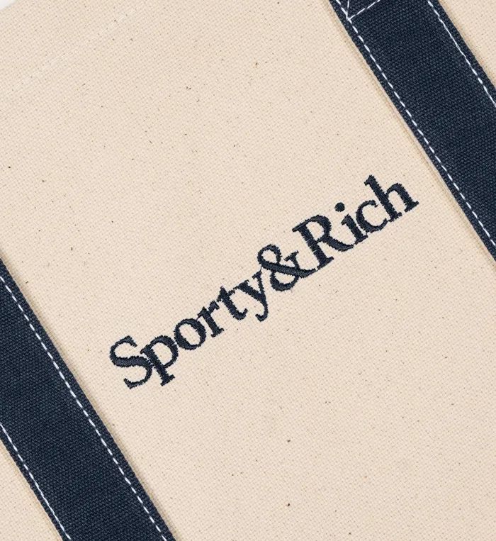 Sporty and Rich Tote Bags Women Serif Logo Tote Bag 8211 NaturalNavy