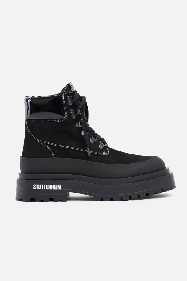 Stutterheim Road Walker Nubuck Black Women Lace Up Boots
