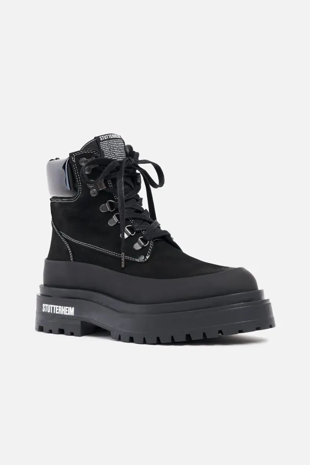 Stutterheim Road Walker Nubuck Black Women Lace Up Boots