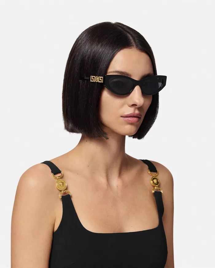 Sunglasses Women Versace Greca Strass CatEye Sunglasses Blackgold
