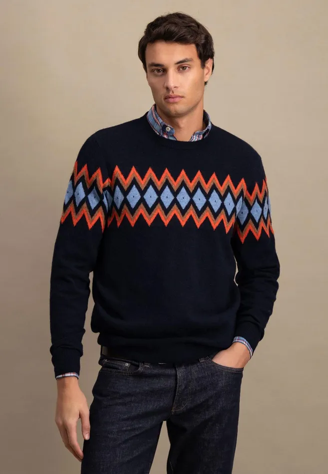 Sweater Men FYNCHHATTON Merinocashmere Knitting Sweater With Diamond Look Navy Sweater Men FYNCHHATTON Merinocashmere Knitting Sweater With Diamond Look Navy