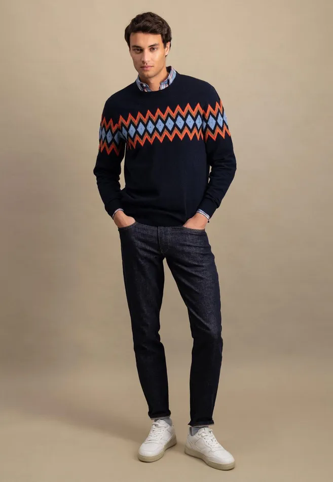 Sweater Men FYNCHHATTON Merinocashmere Knitting Sweater With Diamond Look Navy