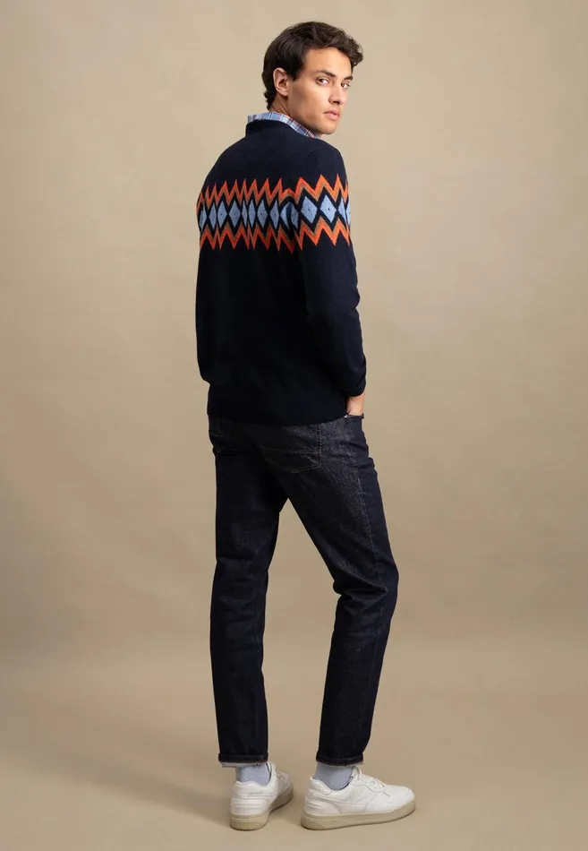 Sweater Men FYNCHHATTON Merinocashmere Knitting Sweater With Diamond Look Navy