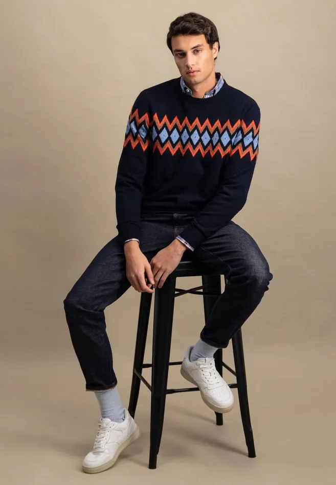 Sweater Men FYNCHHATTON Merinocashmere Knitting Sweater With Diamond Look Navy