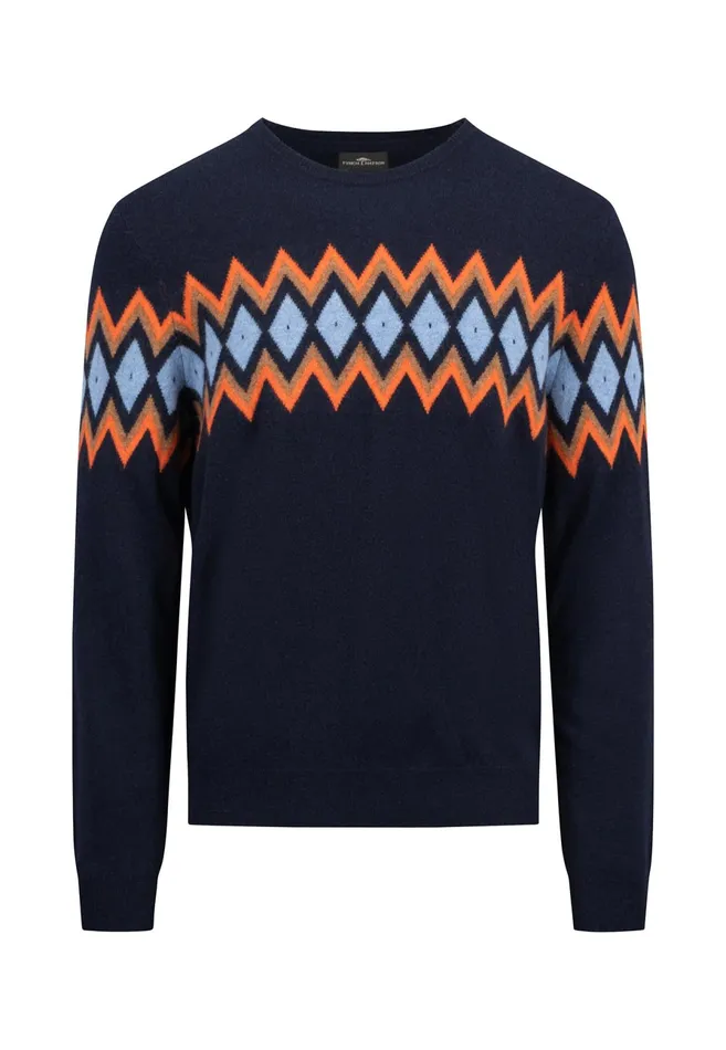 Sweater Men FYNCHHATTON Merinocashmere Knitting Sweater With Diamond Look Navy