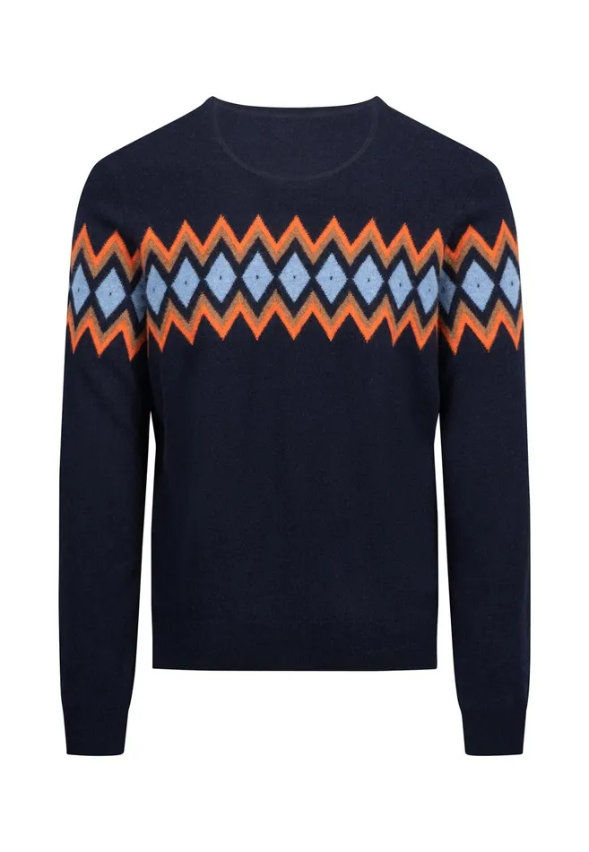 Sweater Men FYNCHHATTON Merinocashmere Knitting Sweater With Diamond Look Navy