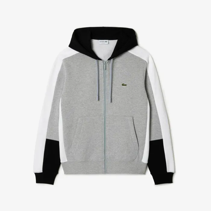 Sweaters and Sweatshirts Men Lacoste Men039s Colorblock Hoodie Grey Chine Black White Sj1