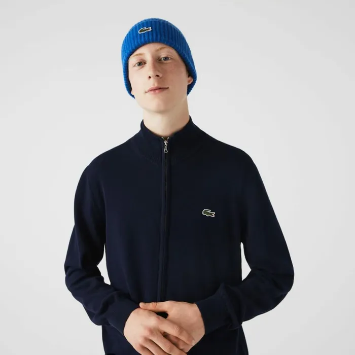Sweaters and Sweatshirts Men Lacoste Men039s HighNeck Organic Cotton ZipUp Sweater Navy Blue 166