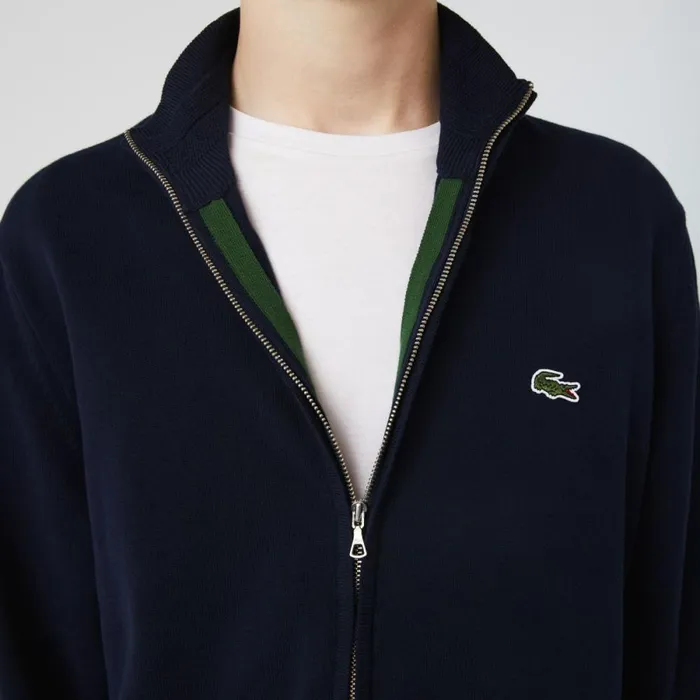 Sweaters and Sweatshirts Men Lacoste Men039s HighNeck Organic Cotton ZipUp Sweater Navy Blue 166