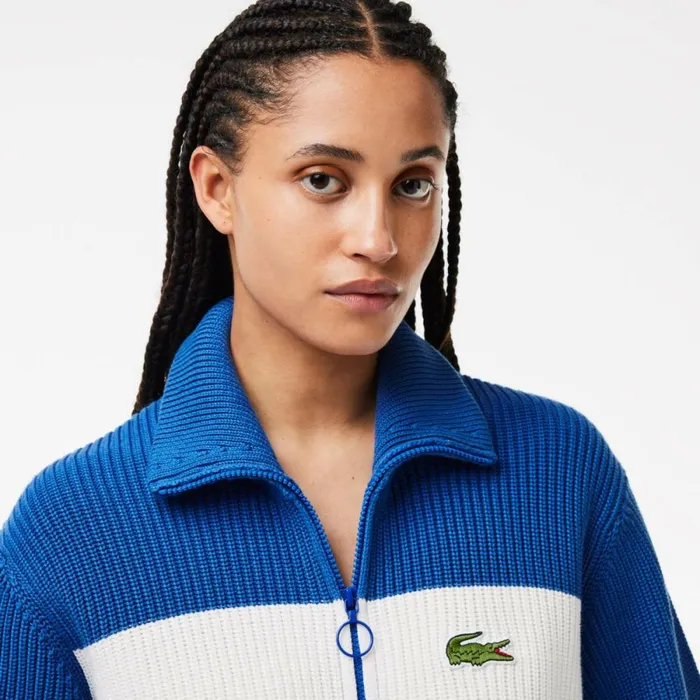 Sweaters and Sweatshirts Women Lacoste Women039s ZipUp Cotton Colorblock Cardigan Blue White Itv
