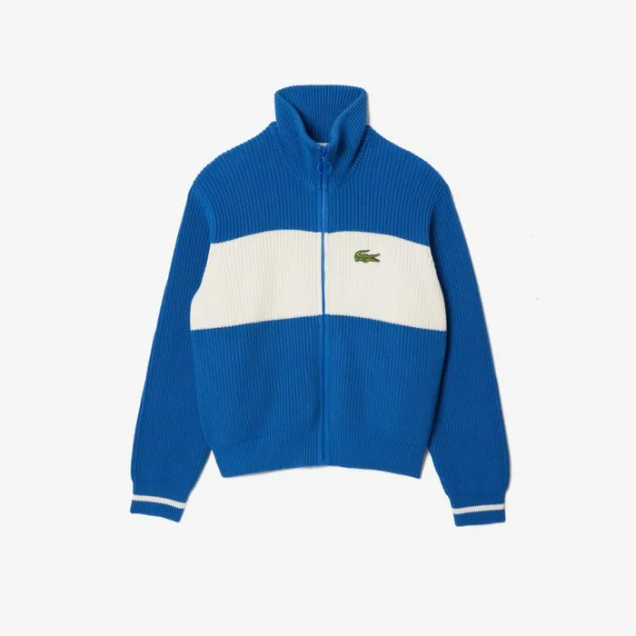 Sweaters and Sweatshirts Women Lacoste Women039s ZipUp Cotton Colorblock Cardigan Blue White Itv