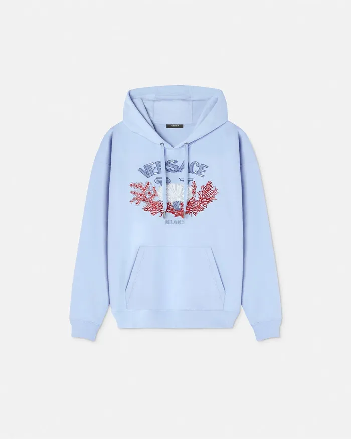 Sweatshirts Men Versace Embroidered University Coral Hoodie Light Blue