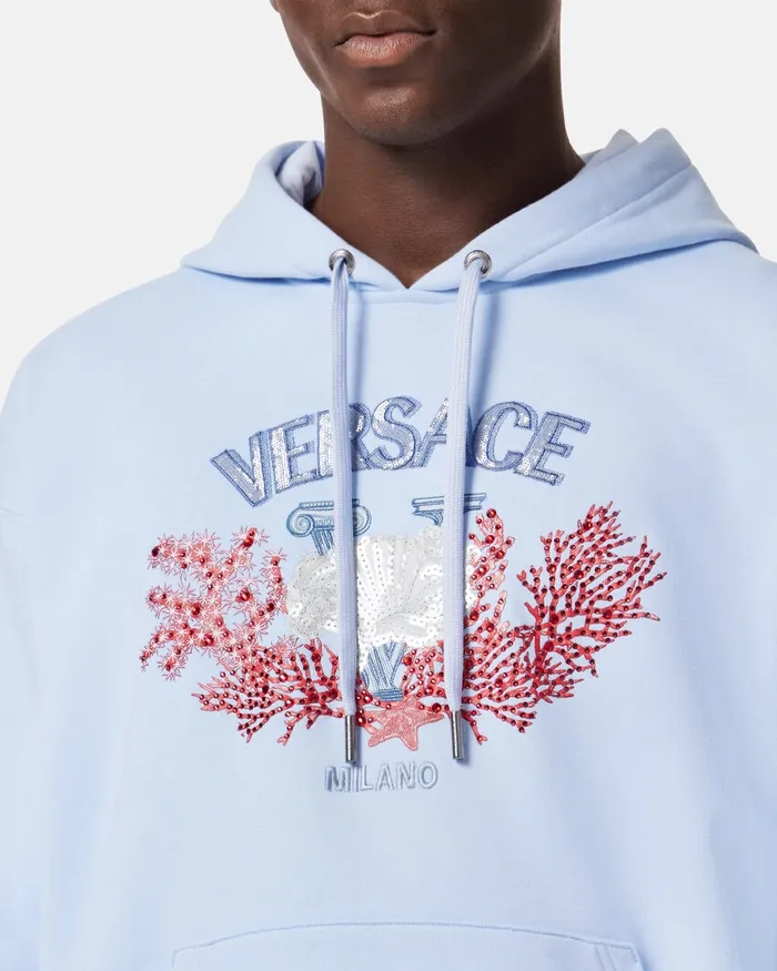 Sweatshirts Men Versace Embroidered University Coral Hoodie Light Blue