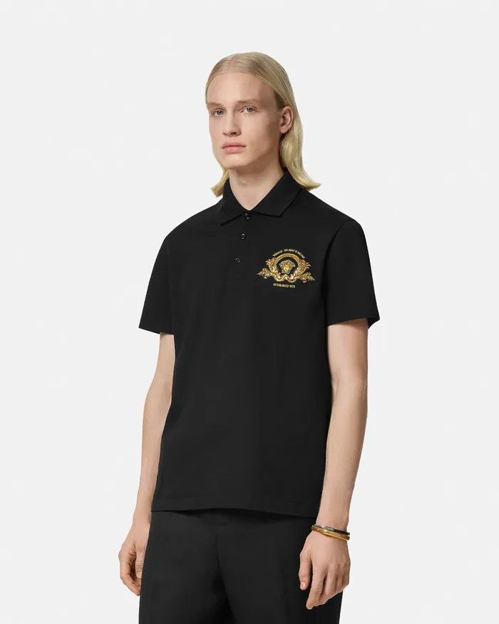 TShirts and Polos Men Versace Embroidered Coupe Blason Polo Shirt Black