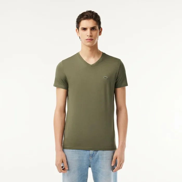 TShirts Men Lacoste Men039s VNeck Pima Cotton Jersey TShirt Khaki Green 316