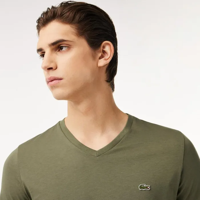 TShirts Men Lacoste Men039s VNeck Pima Cotton Jersey TShirt Khaki Green 316