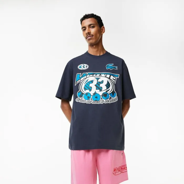 TShirts Men Lacoste Mens Loose Fit Cotton Jersey Print TShirt Blue Kxe