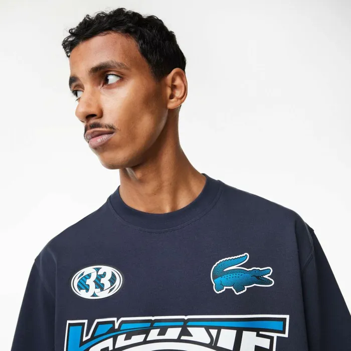 TShirts Men Lacoste Mens Loose Fit Cotton Jersey Print TShirt Blue Kxe