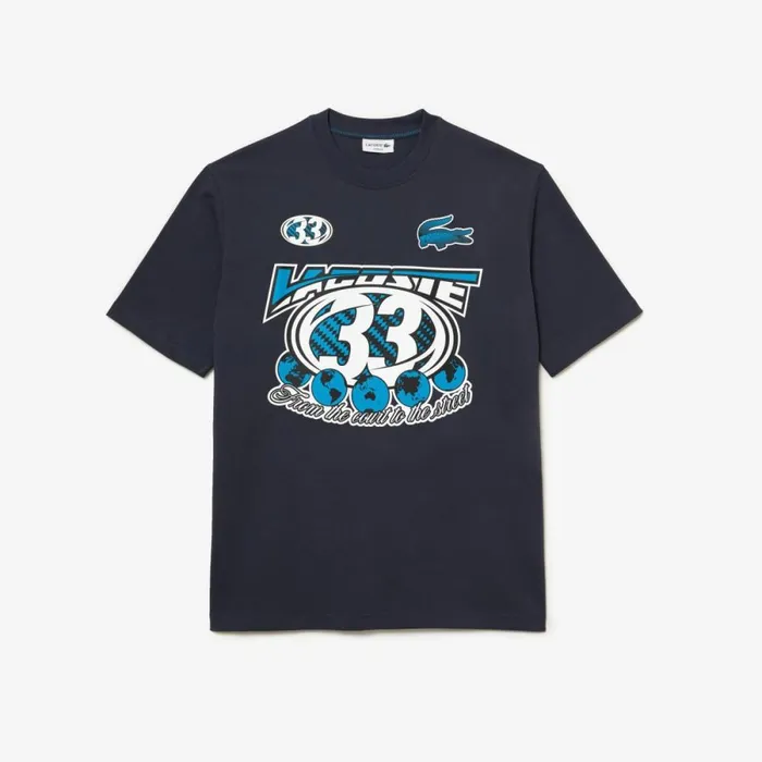 TShirts Men Lacoste Mens Loose Fit Cotton Jersey Print TShirt Blue Kxe