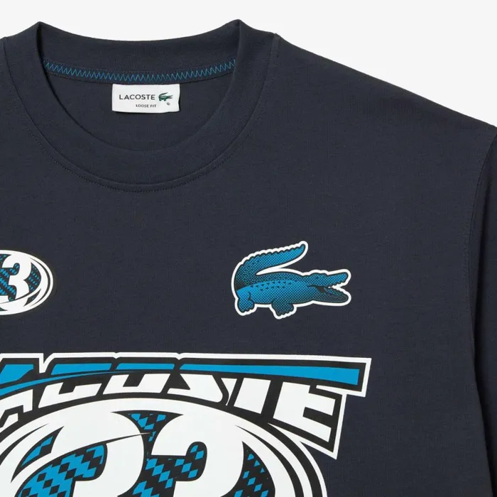 TShirts Men Lacoste Mens Loose Fit Cotton Jersey Print TShirt Blue Kxe