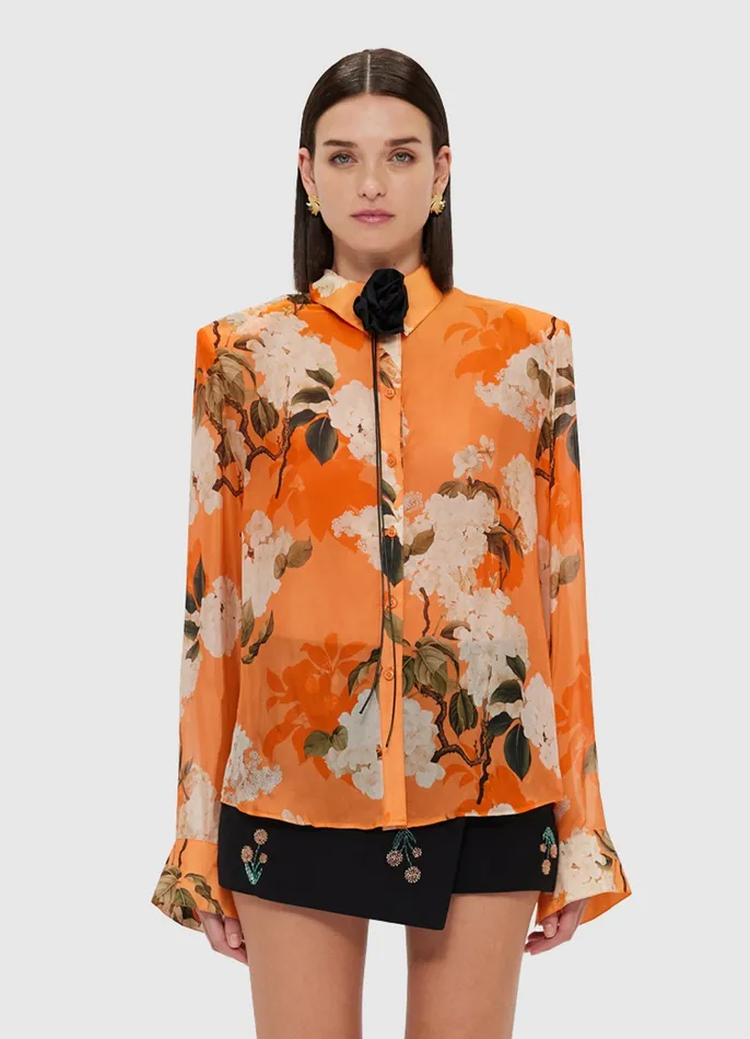 Tops and Shirts Della Blouse 8211 Hydrangea Print in Tangerine 8211 LEO LIN Women
