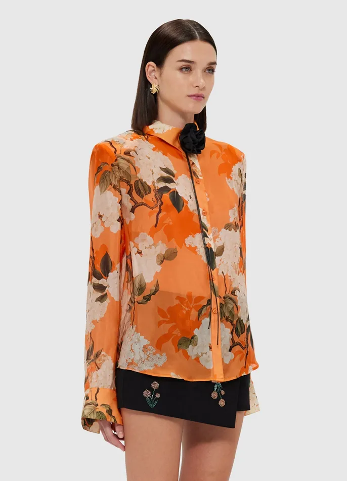 Tops and Shirts Della Blouse 8211 Hydrangea Print in Tangerine 8211 LEO LIN Women