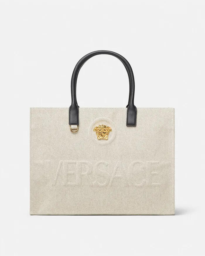 Totes Women Versace La Medusa Canvas Large Tote Bag Beige