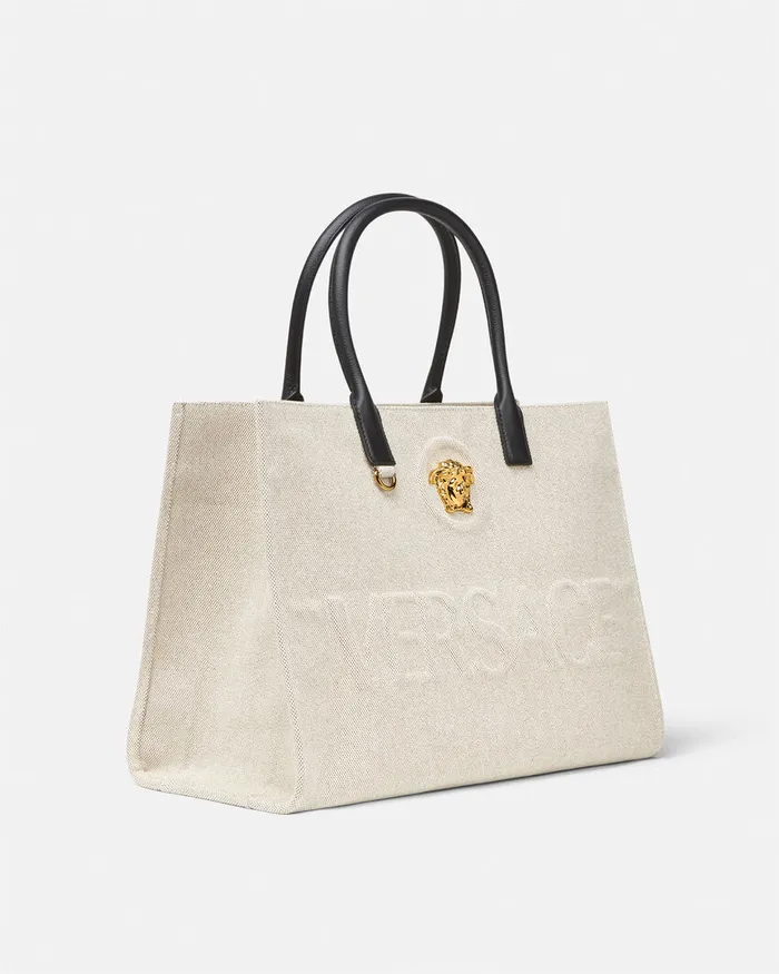 Totes Women Versace La Medusa Canvas Large Tote Bag Beige