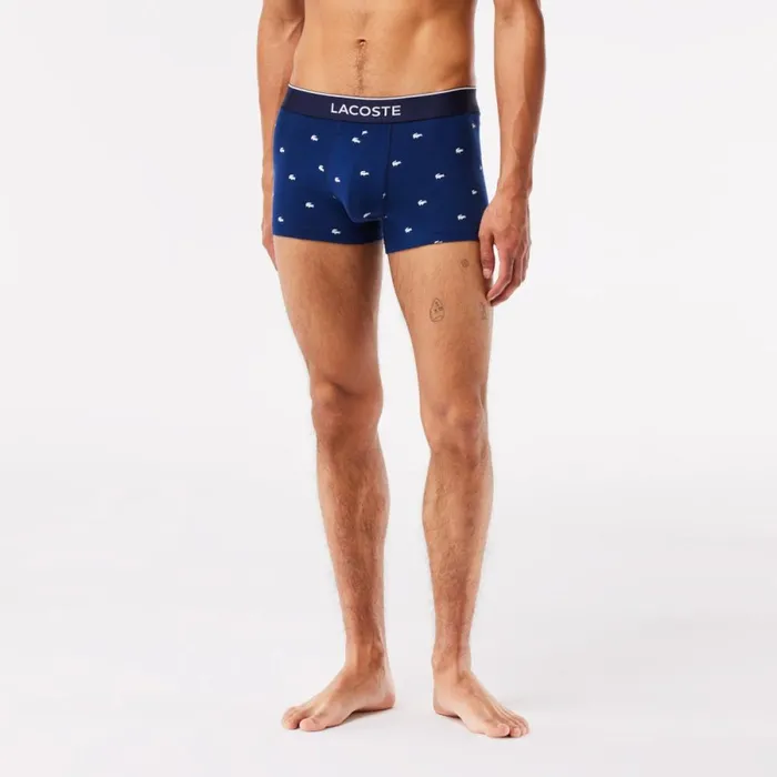 Underwear and Socks Men Lacoste Men039s Casual Signature Boxer Trunks 3Pack Navy Blue Grey Chine Red W3t