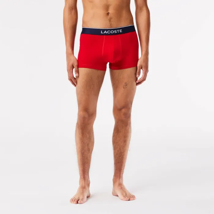 Underwear and Socks Men Lacoste Men039s Casual Signature Boxer Trunks 3Pack Navy Blue Grey Chine Red W3t