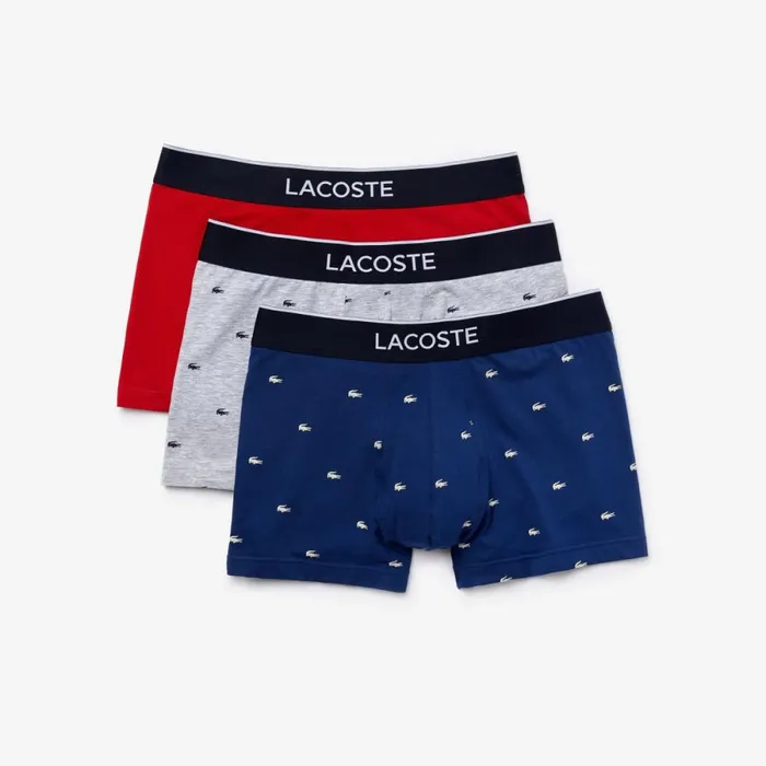 Underwear and Socks Men Lacoste Men039s Casual Signature Boxer Trunks 3Pack Navy Blue Grey Chine Red W3t