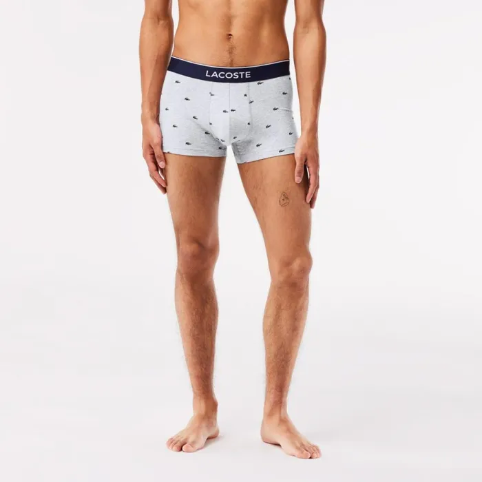 Underwear and Socks Men Lacoste Men039s Casual Signature Boxer Trunks 3Pack Navy Blue Grey Chine Red W3t