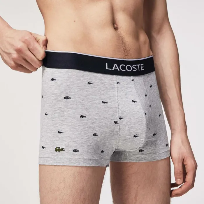 Underwear and Socks Men Lacoste Men039s Casual Signature Boxer Trunks 3Pack Navy Blue Grey Chine Red W3t