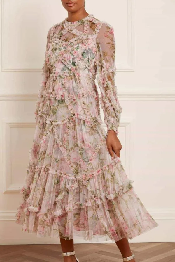 WeddingWomen Needle and Thread English Rose Diamond Ruffle Ballerina Dress Pink
