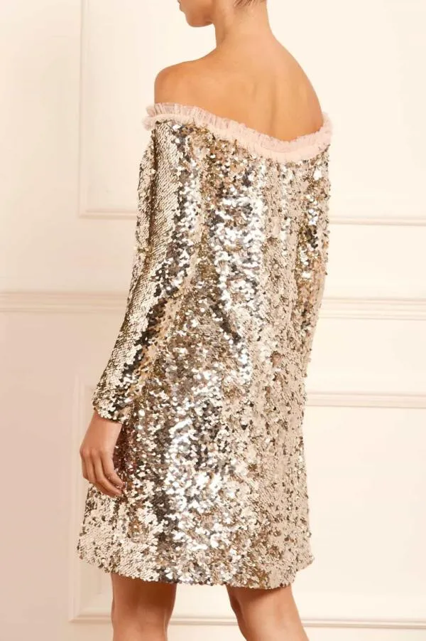WeddingWomen Needle and Thread Evie OffShoulder Micro Mini Dress Silver WeddingWomen Needle and Thread Evie OffShoulder Micro Mini Dress Silver