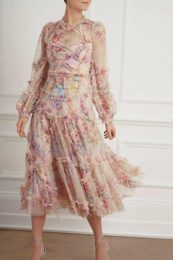 WeddingWomen Needle and Thread Floral Diamond Ruffle Ballerina Dress Multi