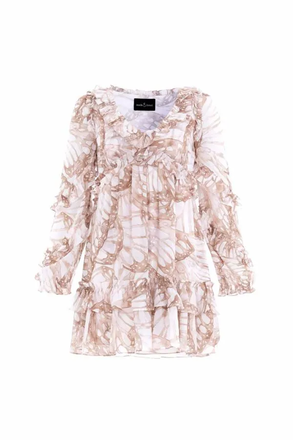 WeddingWomen Needle and Thread Flutter Chiffon Long Sleeve Micro Mini Dress Brown