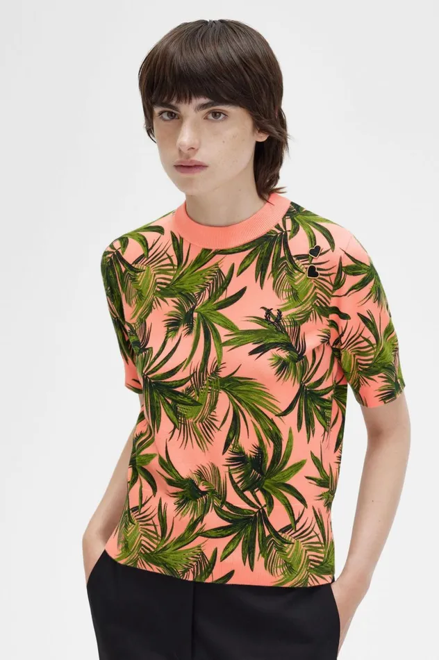 Women Amy Winehouse FoundationPalm Print Jumper Coral Heat Fred Perry Knitwear