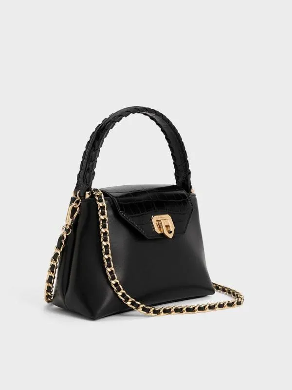 Women Arwen CrocEffect BraidedStrap Top Handle Bag 8211 Black CHARLES and KEITH Top Handle Bags