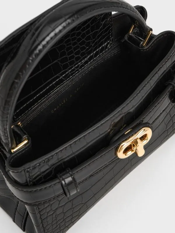 Women Aubrielle CrocEffect Top Handle Bag 8211 Black CHARLES and KEITH Top Handle Bags