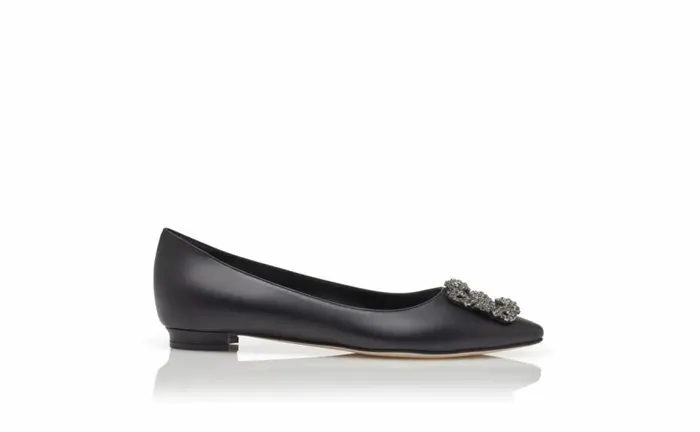 Women Black Calf Leather Jewel Buckle Flat Pumps Manolo Blahnik Flats