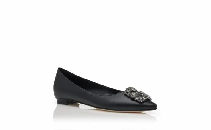 Women Black Calf Leather Jewel Buckle Flat Pumps Manolo Blahnik Flats