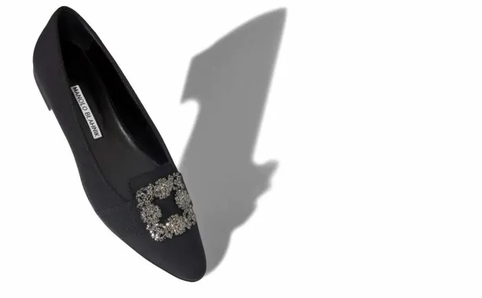 Women Black Crepe De Chine Embellished Flat Pumps Manolo Blahnik Flats
