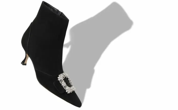 Women Black Suede Crystal Buckle Ankle Boots Manolo Blahnik Boots