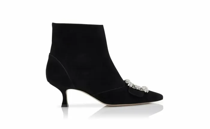 Women Black Suede Crystal Buckle Ankle Boots Manolo Blahnik Boots