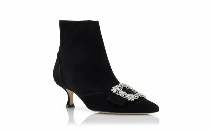 Women Black Suede Crystal Buckle Ankle Boots Manolo Blahnik Boots