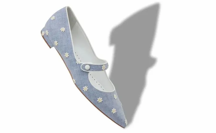 Women Blue And White Chambray Daisy Flat Pumps Manolo Blahnik Flats
