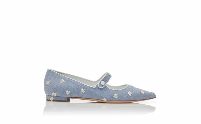 Women Blue And White Chambray Daisy Flat Pumps Manolo Blahnik Flats