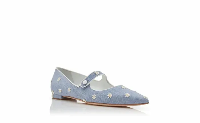 Women Blue And White Chambray Daisy Flat Pumps Manolo Blahnik Flats